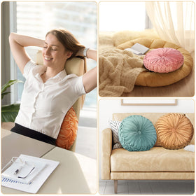 Kathfly pumpkin round pillow on sofa creates inviting seating and style.