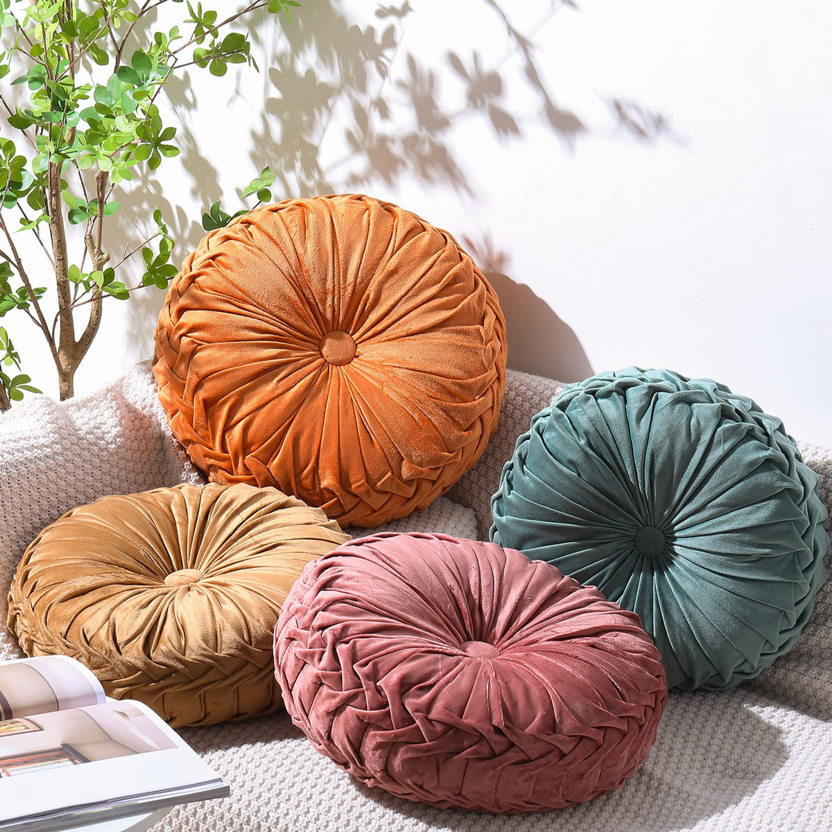 Kathfly pumpkin round pillow in orange coffee color adds warm sofa decor.