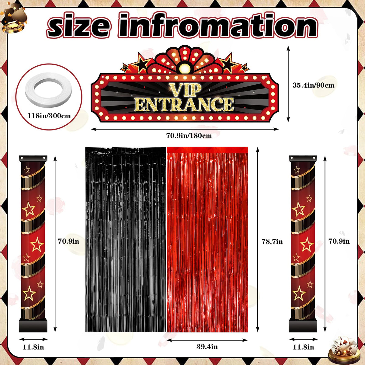 KaTiSeMo Red Carpet Tinsel Curtain creates a dramatic doorway for Hollywood party entrances.