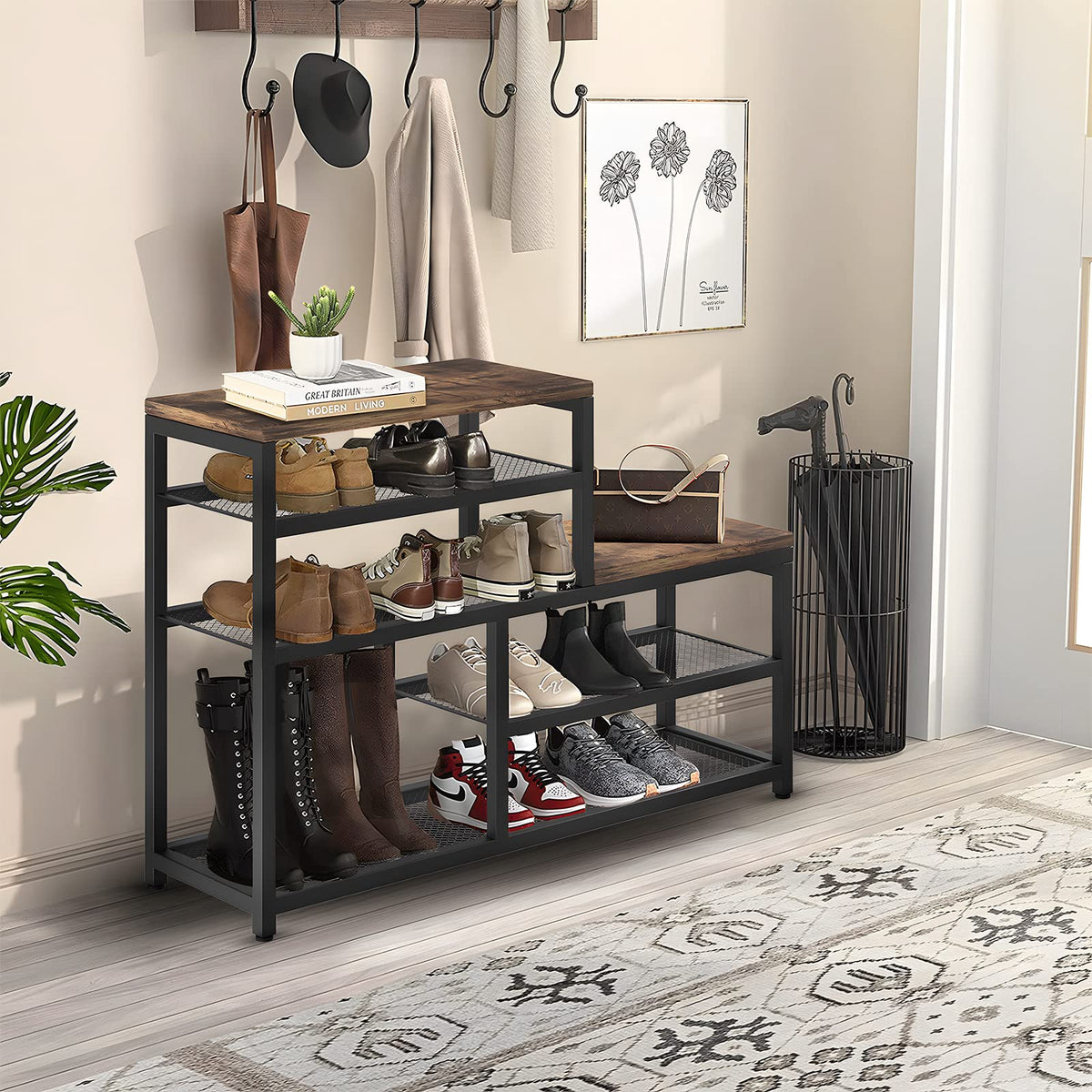 Katrawu brown shoe rack bench mesh shelves organize everyday sneakers and heels