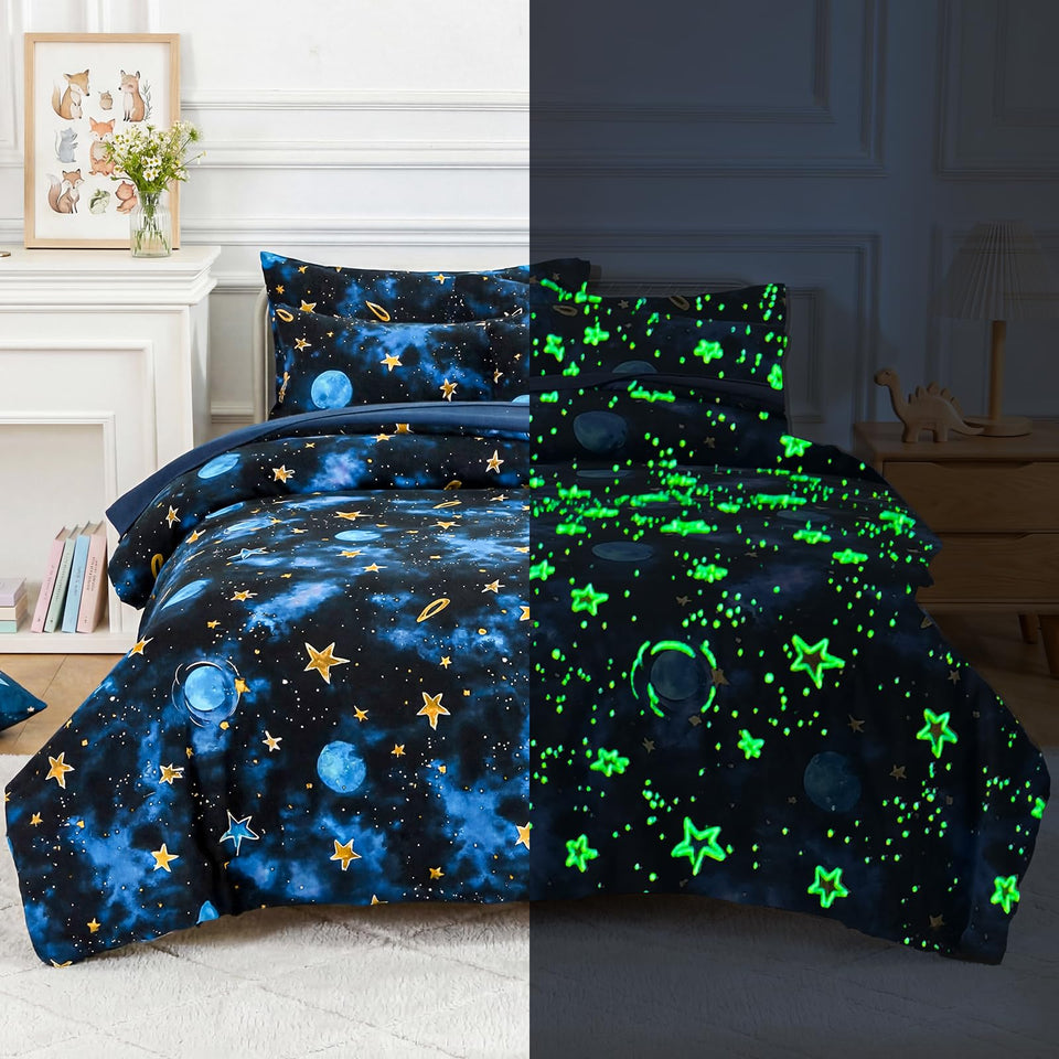 Kautudrum glow-in-the-dark starry sky twin comforter glows softly for bedtime wonder.