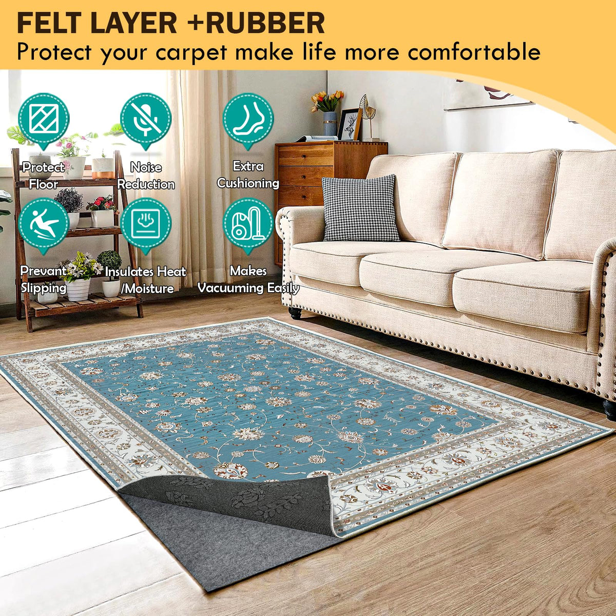 Kautudrum rug pad on hardwood floor demonstrates anti-slip backing and floor protection.