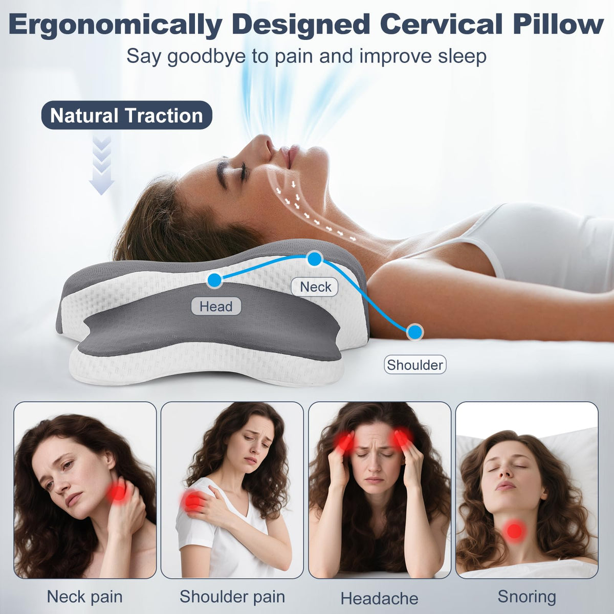 KAUWTYP cervical pillow five-zone design supporting side and back sleepers.