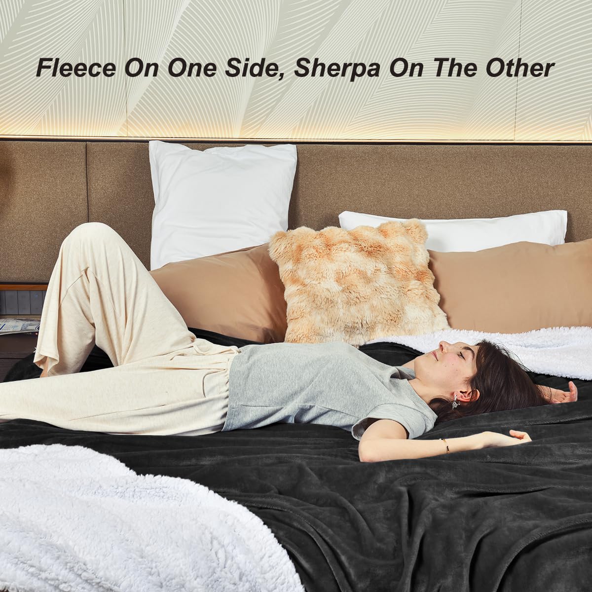 KAWAHOME Sherpa blanket on bed scene highlights generous 90x90 inches.