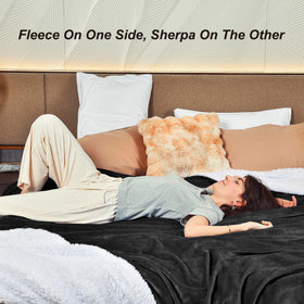 KAWAHOME Sherpa blanket on bed scene highlights generous 90x90 inches.