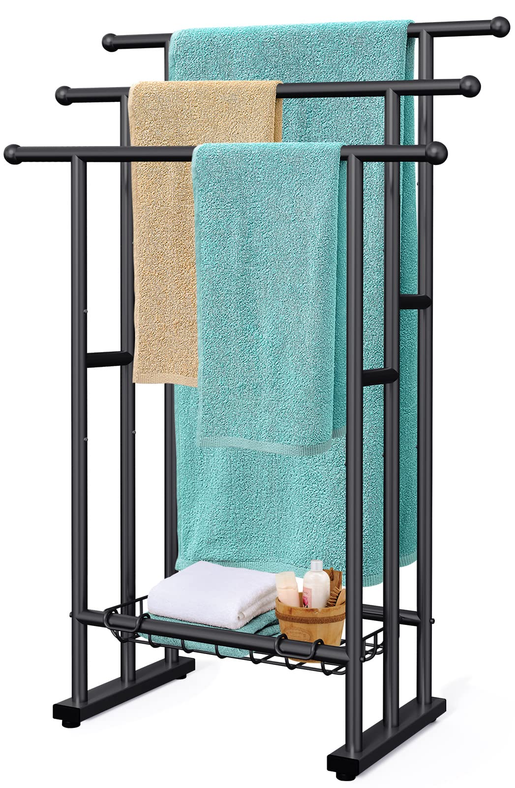 Kayfia 40-inch freestanding towel rack front view keeps oversized towels off the floor.