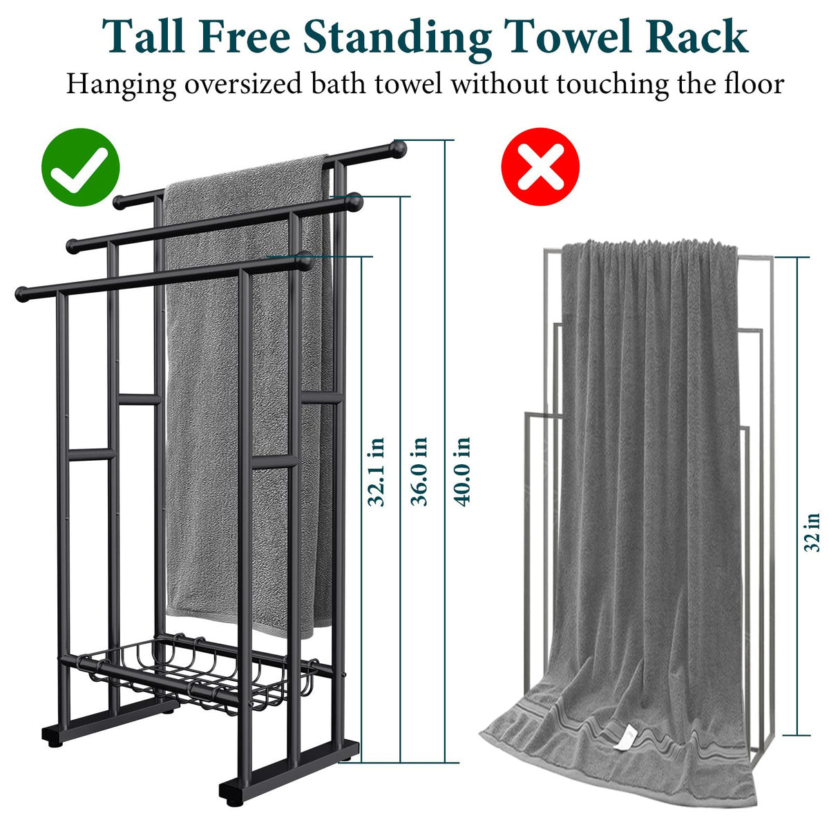 Kayfia 40-inch freestanding towel rack side view with anti-slip base for stability.