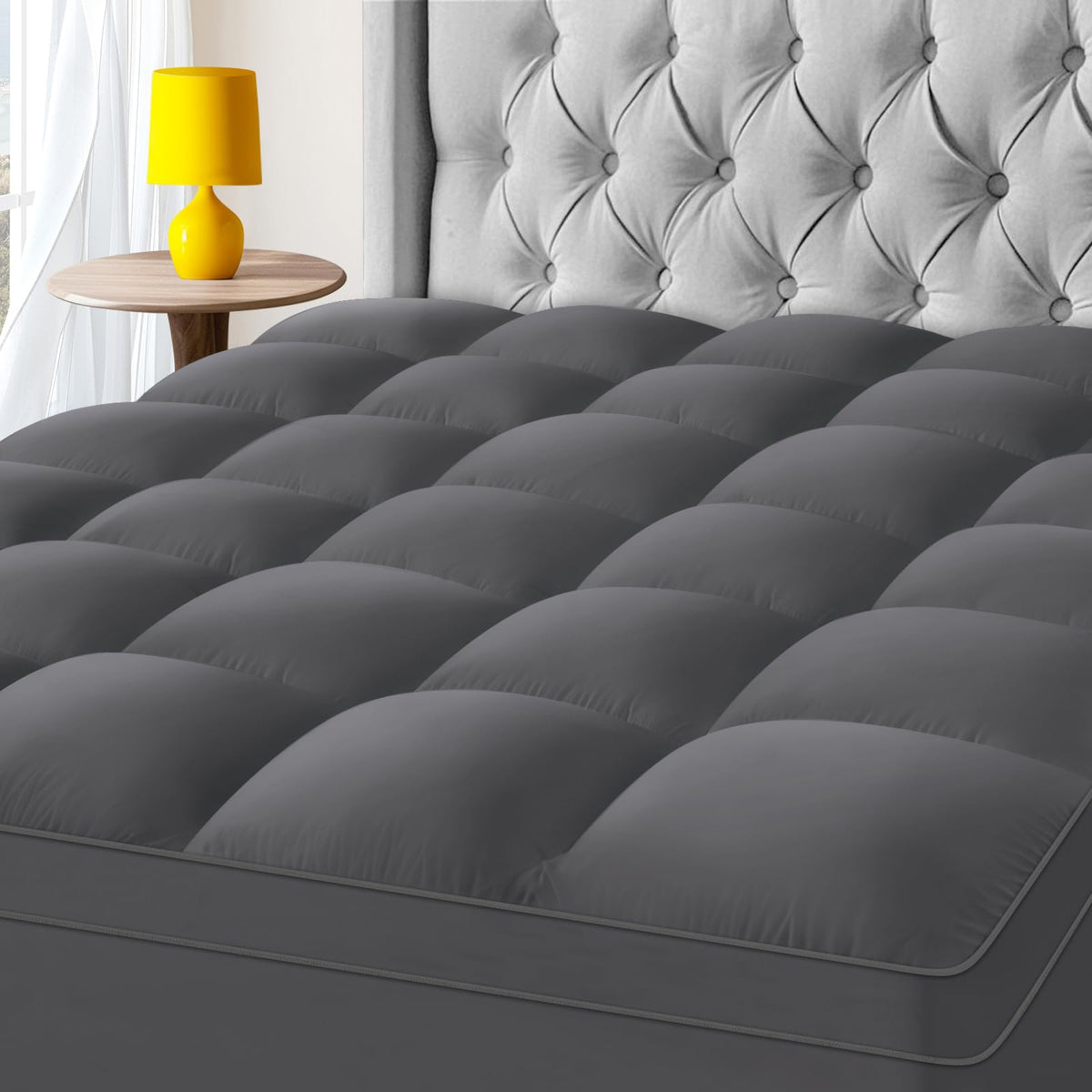 Kayfia full mattress topper plush pillow top gray for luxurious comfort.