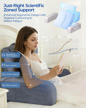 Kayfia Reading Pillow with 26D foam arms and 21.7-inch extension provide stable support.