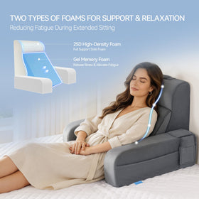 Kayfia reading pillow in a near 90-degree position for upright seating.
