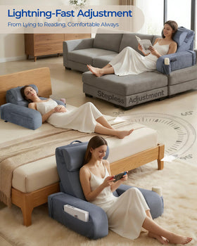 Kayfia Reading Pillow with detachable armrests for flexible bed or sofa setups.