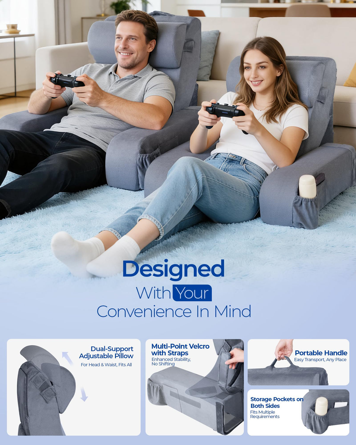 Kayfia Reading Pillow ergonomic zones support neck, back, and arms for comfort.