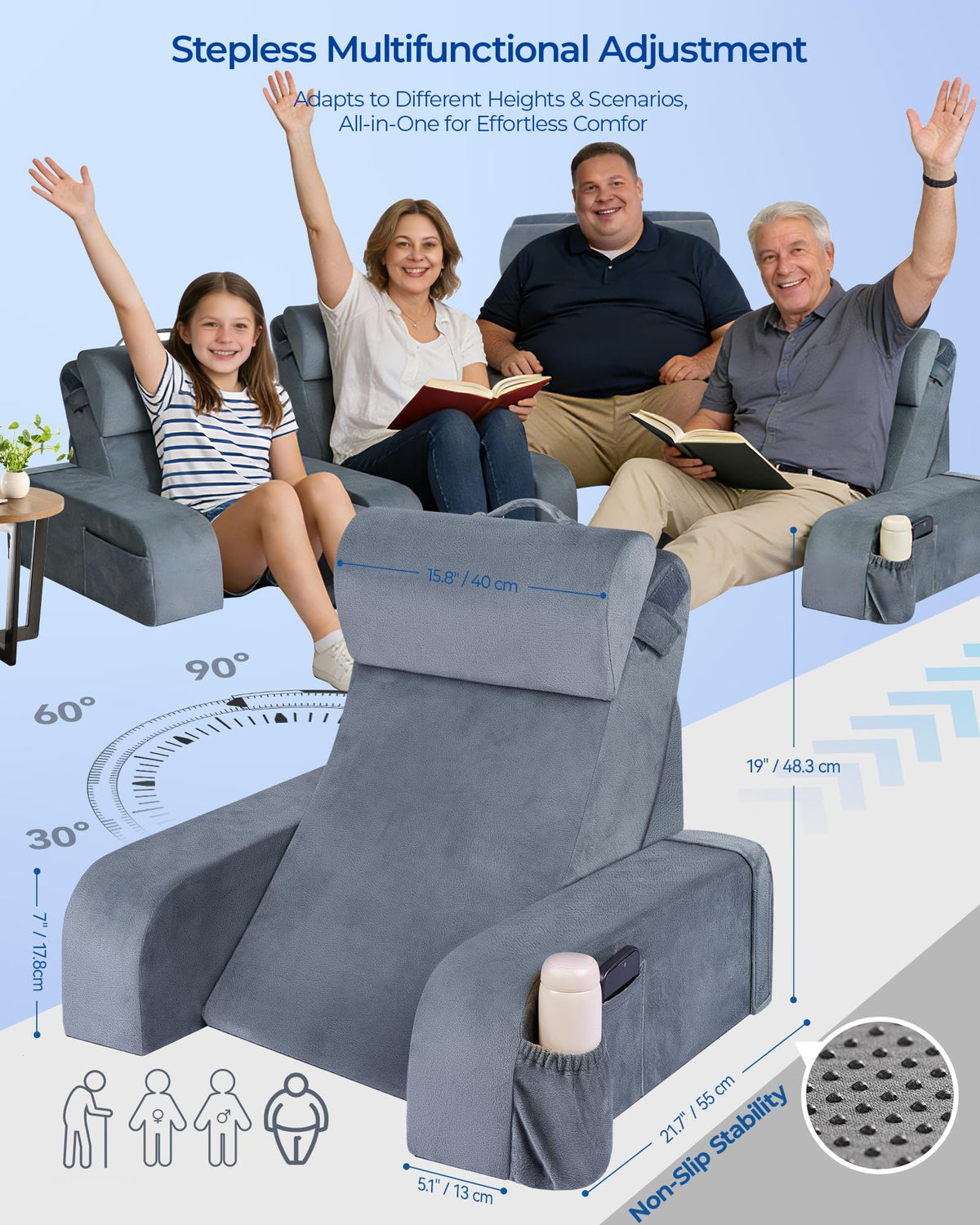 Kayfia Reading Pillow height telescopes from 13.8 to 25.6 inches for a personalized fit.