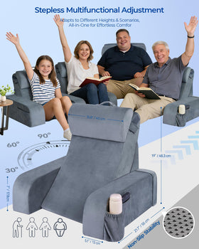Kayfia Reading Pillow height telescopes from 13.8 to 25.6 inches for a personalized fit.