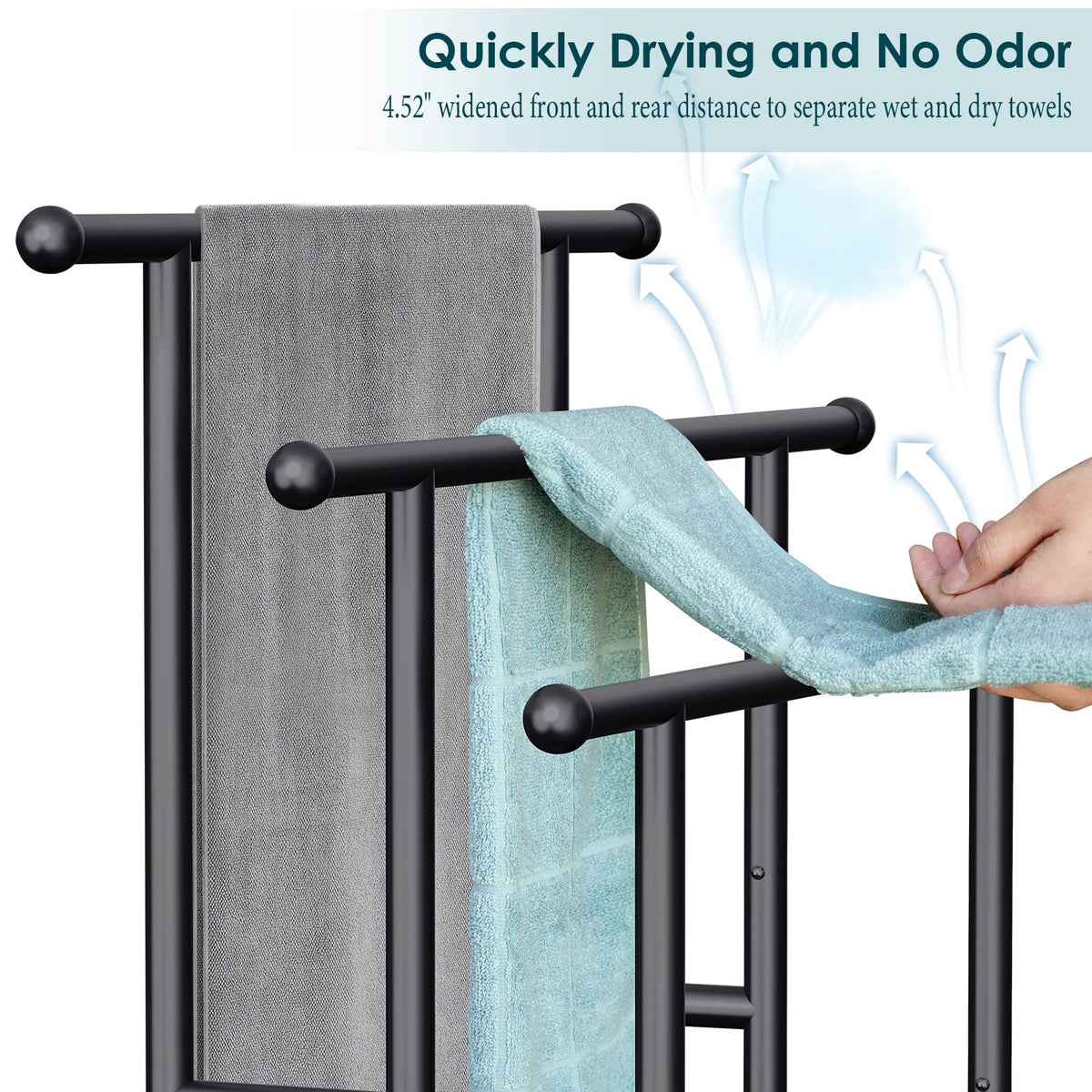 Kayfia detachable basket on towel rack for toiletries and small towels.