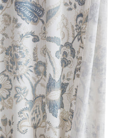 Kayne Studio backtab rod-pocket curtain in blue-gray highlights boho botanical print