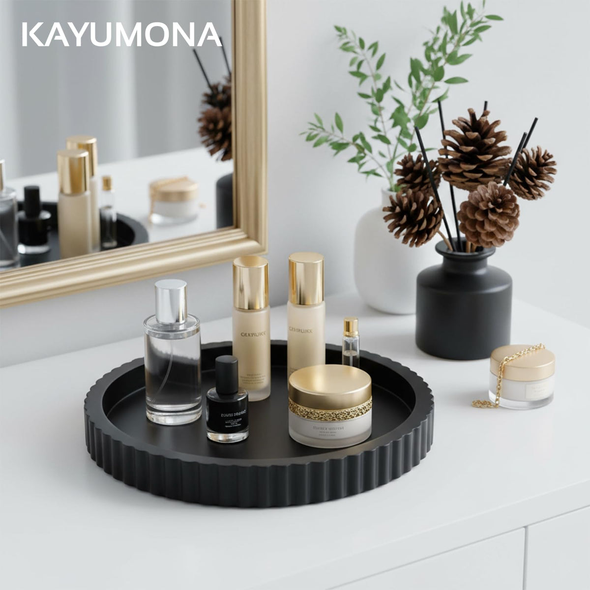 Kayumona candle and plant tray creates a balanced vignette