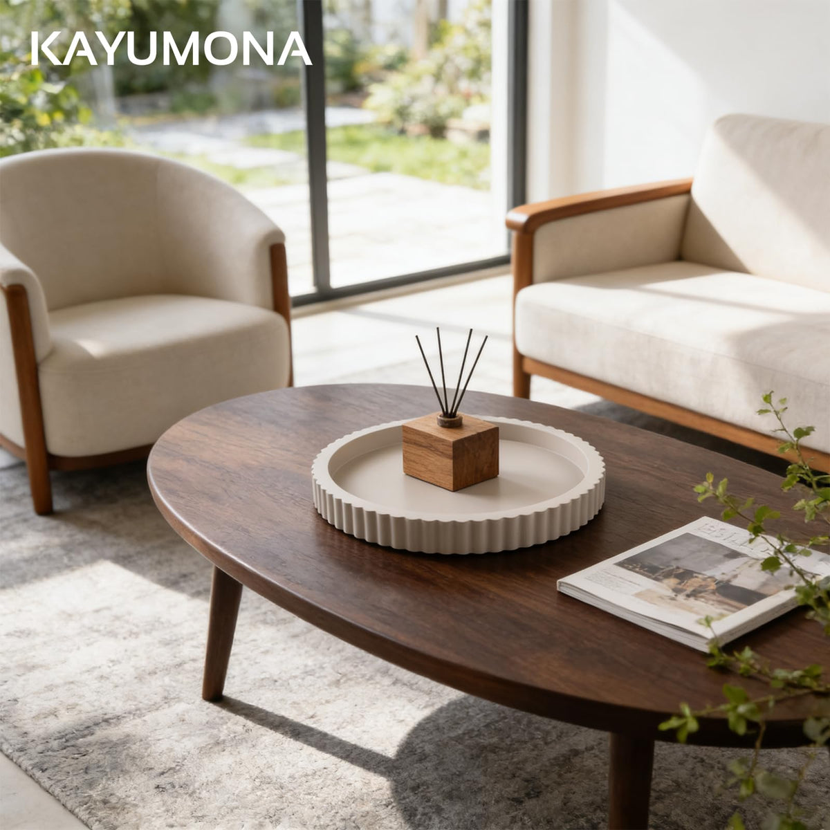 Kayumona tray on coffee table creates a refined focal point and guards the surface