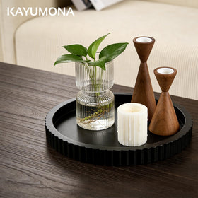 Kayumona wooden round tray centers candles for a cozy ambience