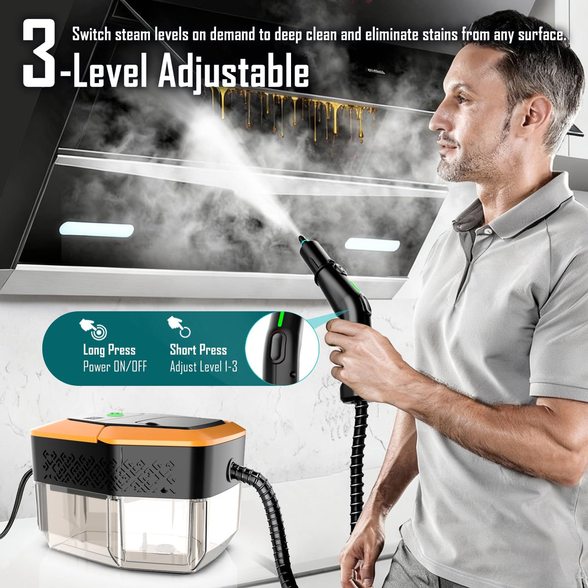 KBTYE steam cleaner cord and hose reach enables multi-room cleaning.