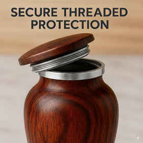 Handcrafted aluminum mini urn showcases cherry wood look for comforting memorials.
