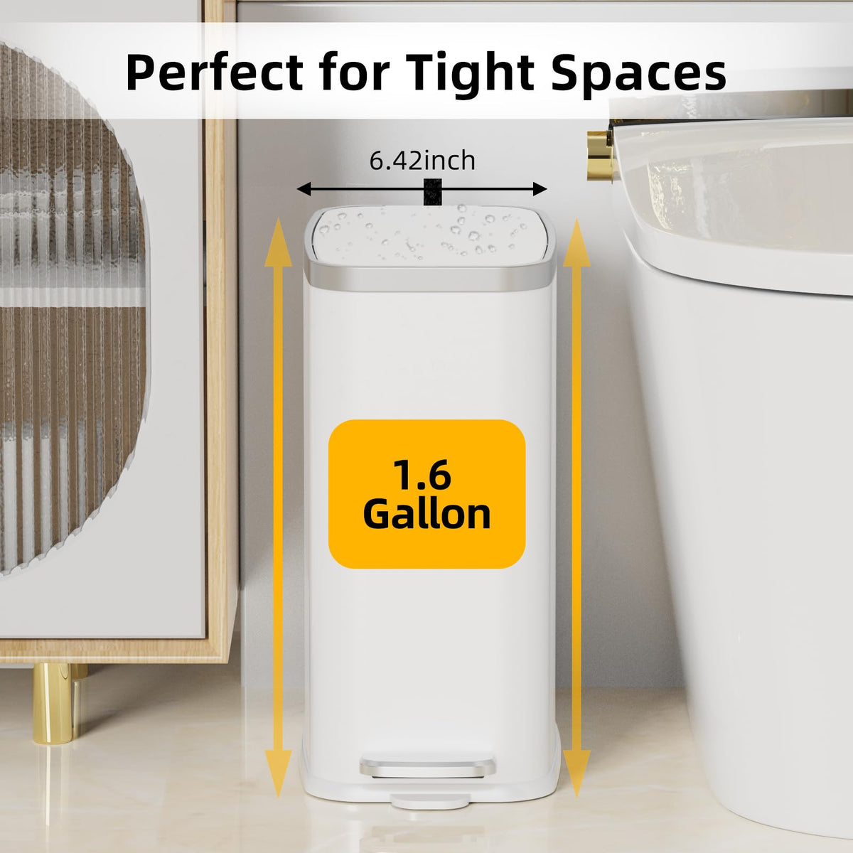 KdbK slim 1.6-gallon white trash can fits narrow spaces.