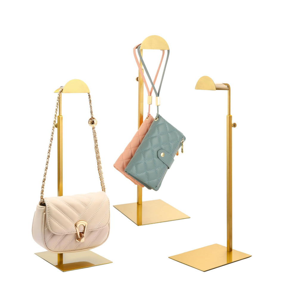 KDYZS+ gold purse display stand side view with secure hooks for retail