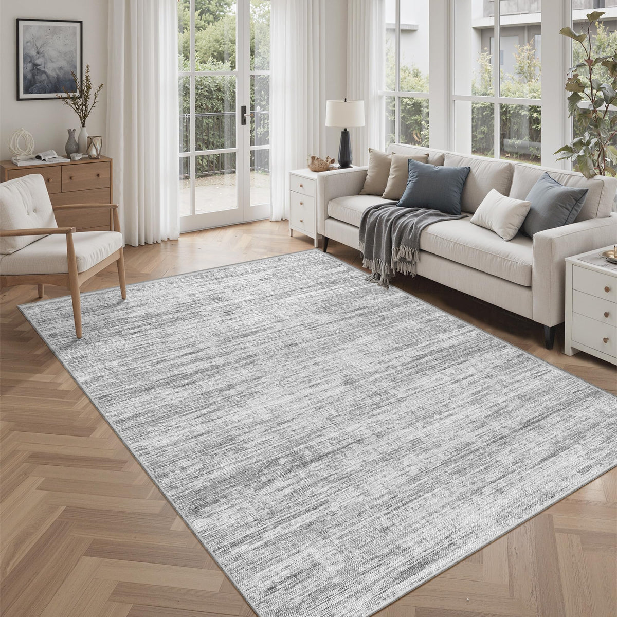 Kearoat 5x7 rug with abstract print and non-slip backing for busy entryways.