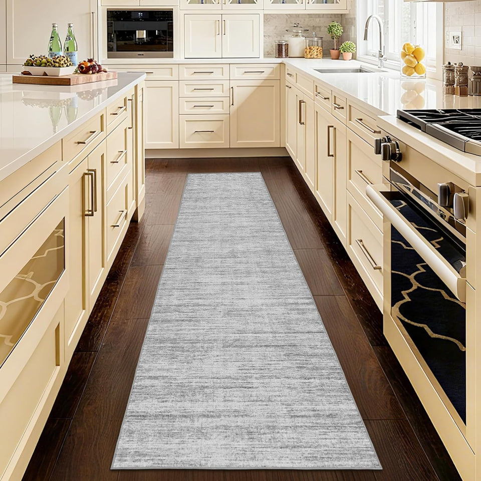 Kearoat hallway runner in abstract grey for high-traffic entryways.