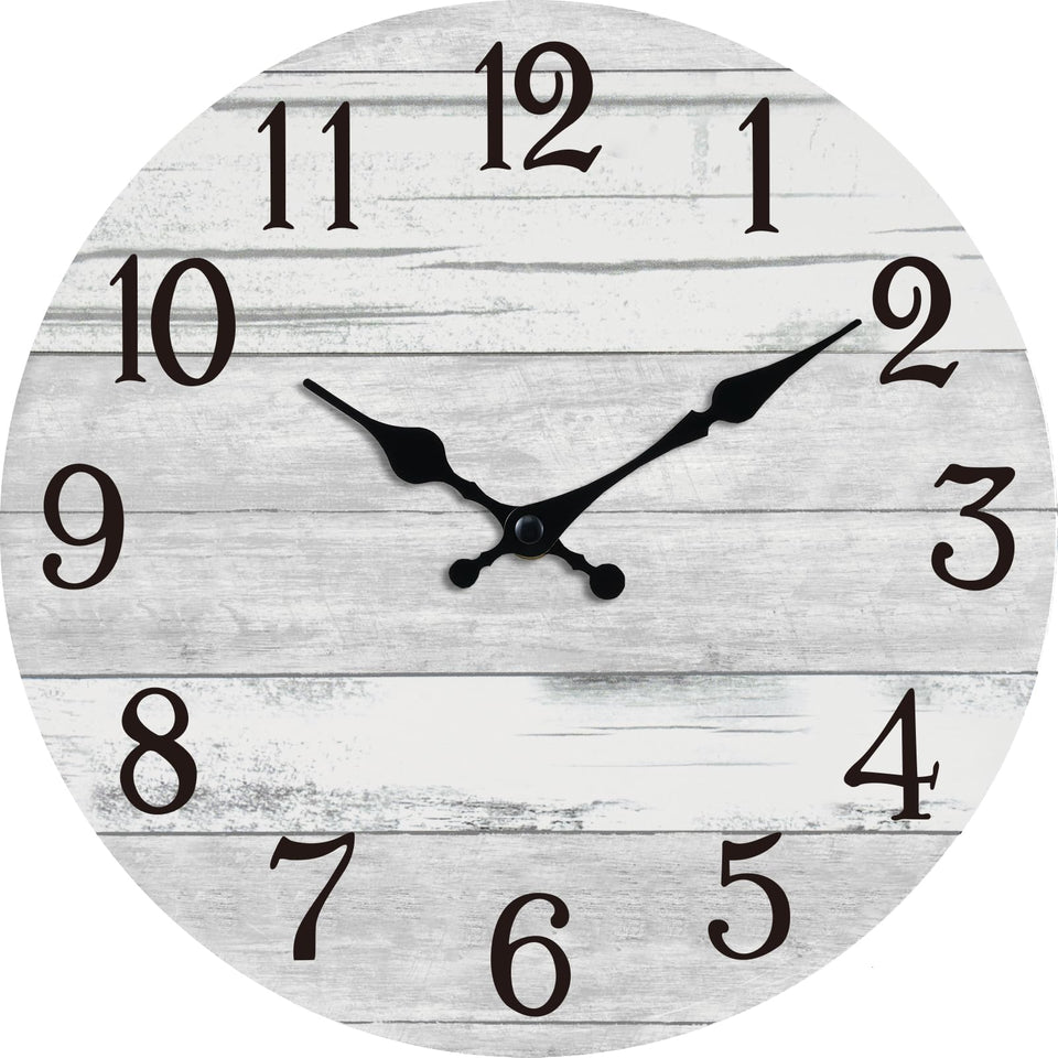 KECYET 12-inch gray wall clock front view with easy-to-read numerals in rustic style.