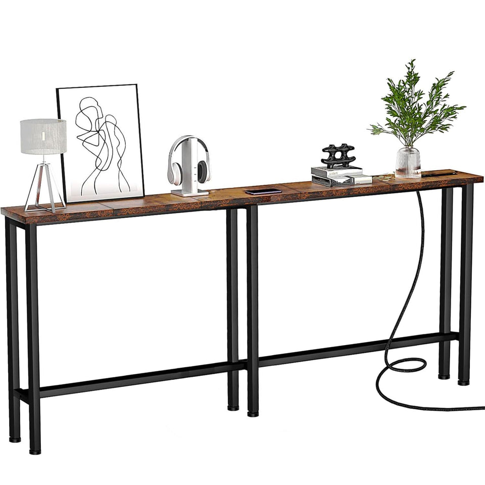 Keelian 78-inch narrow console sofa table front view with rustic finish and charging capability