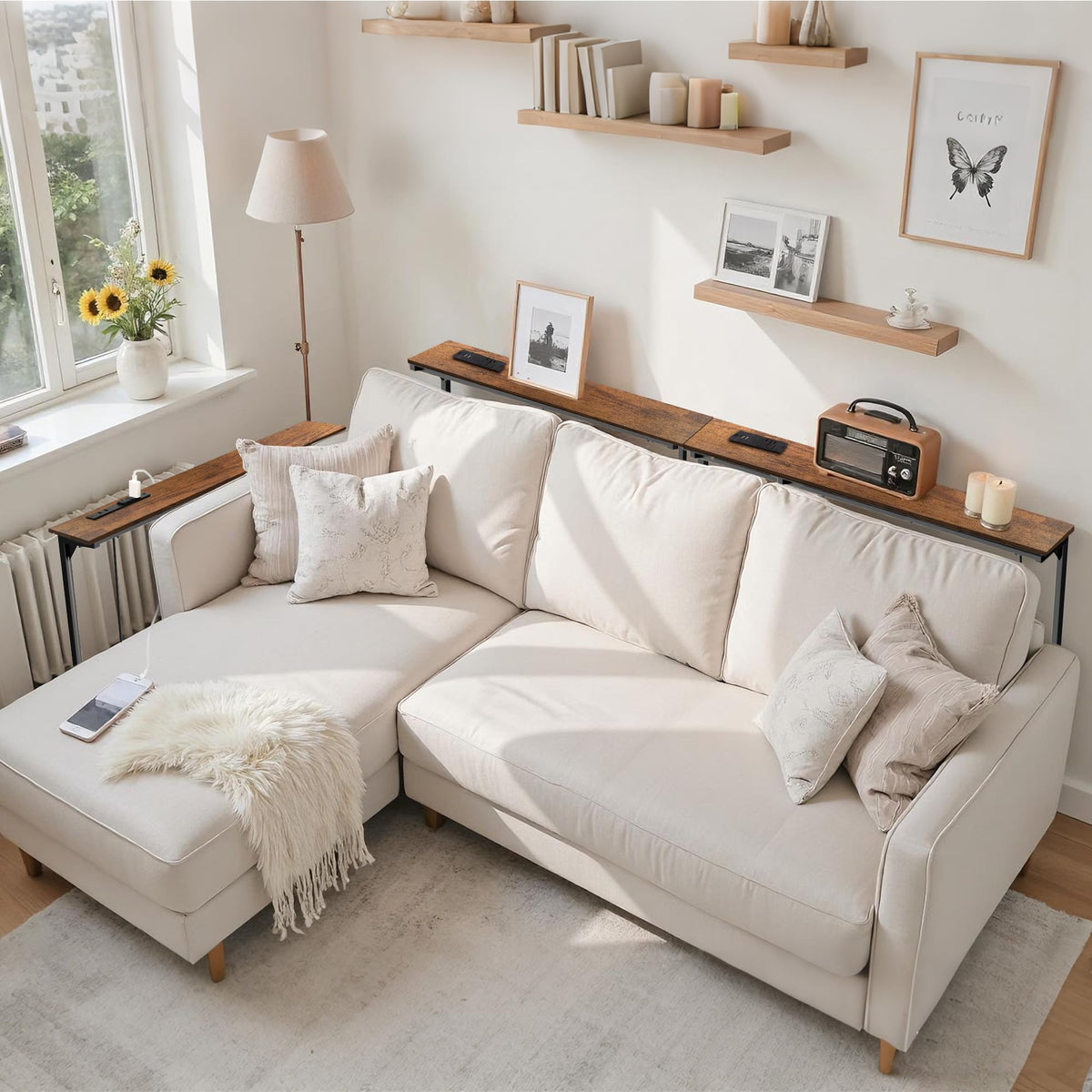 Keelian adjustable-height console table shown in different height positions