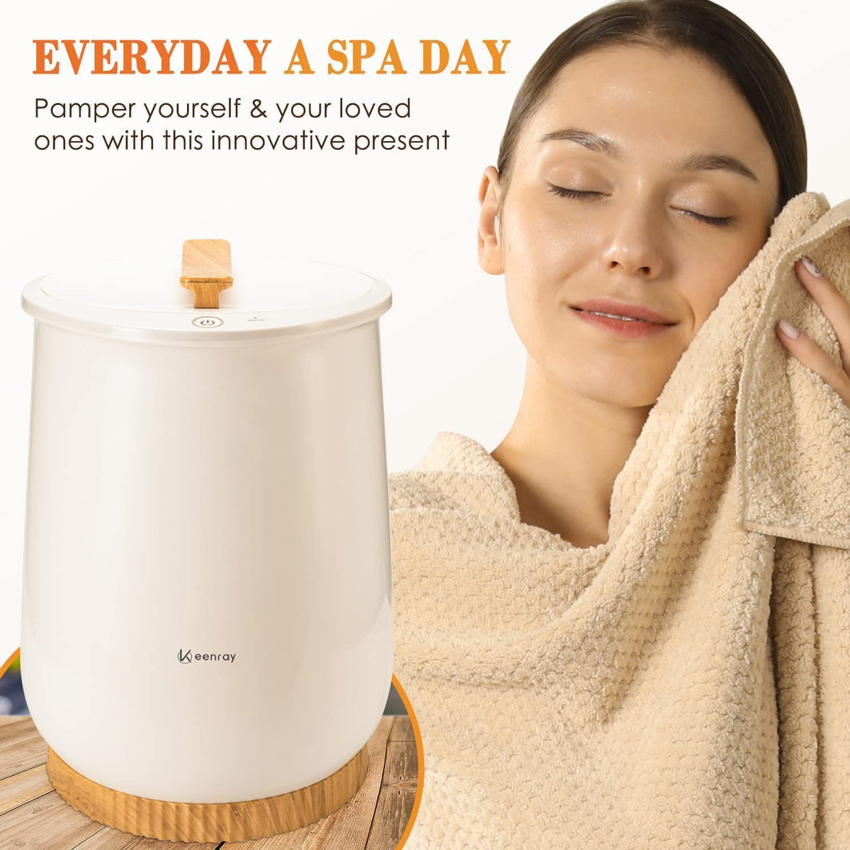 Keenray bucket-style towel warmer compact base complements bathroom decor