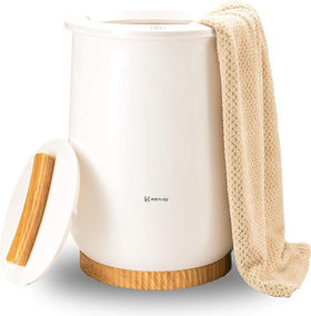 Keenray bucket-style towel warmer front view in a white bathroom for spa-like warmth