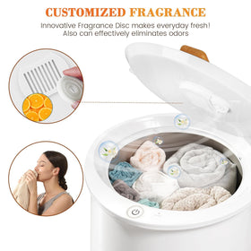 Keenray bucket towel warmer demonstrates rapid heat-up for cozy towels in minutes.