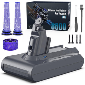 Keenstone Dyson V6 8000mAh battery front view showing high capacity for longer cleaning