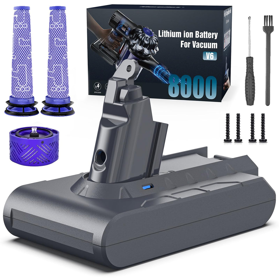 Keenstone Dyson V6 8000mAh battery front view showing high capacity for longer cleaning