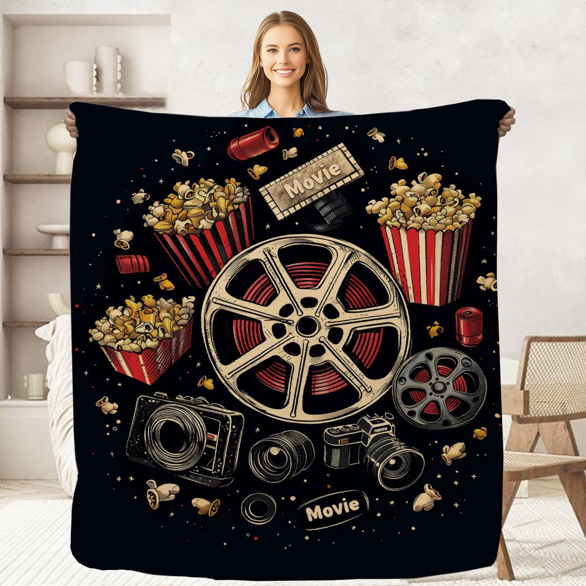 Keepitcozi Movie Ticket Popcorn Throw Blanket on sofa for cozy movie nights.
