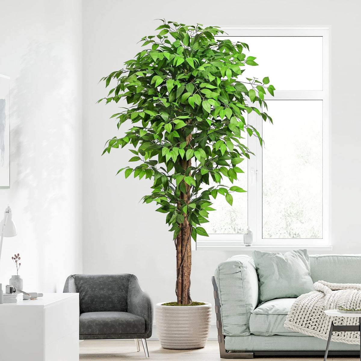 Keeplush ficus stands 74 inches tall to fill space.