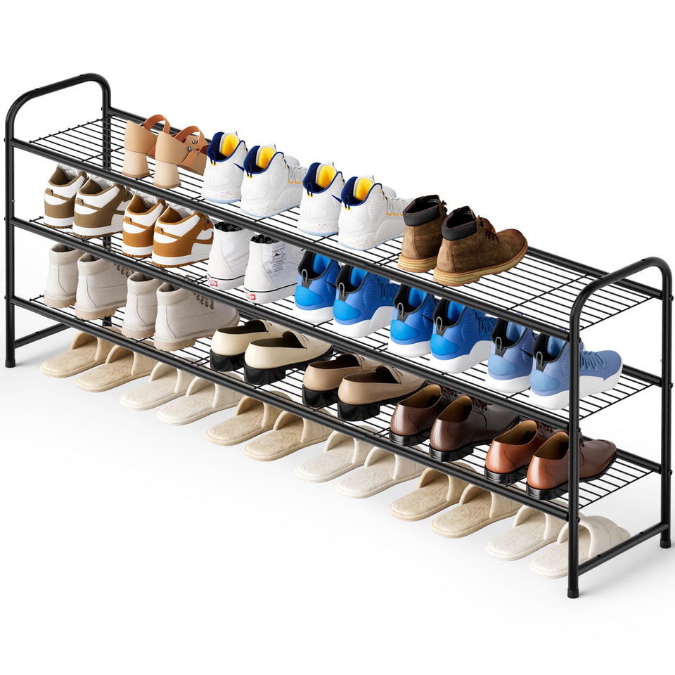 KEETDY 3-tier long shoe rack front view shows 24-pair capacity for organized footwear.