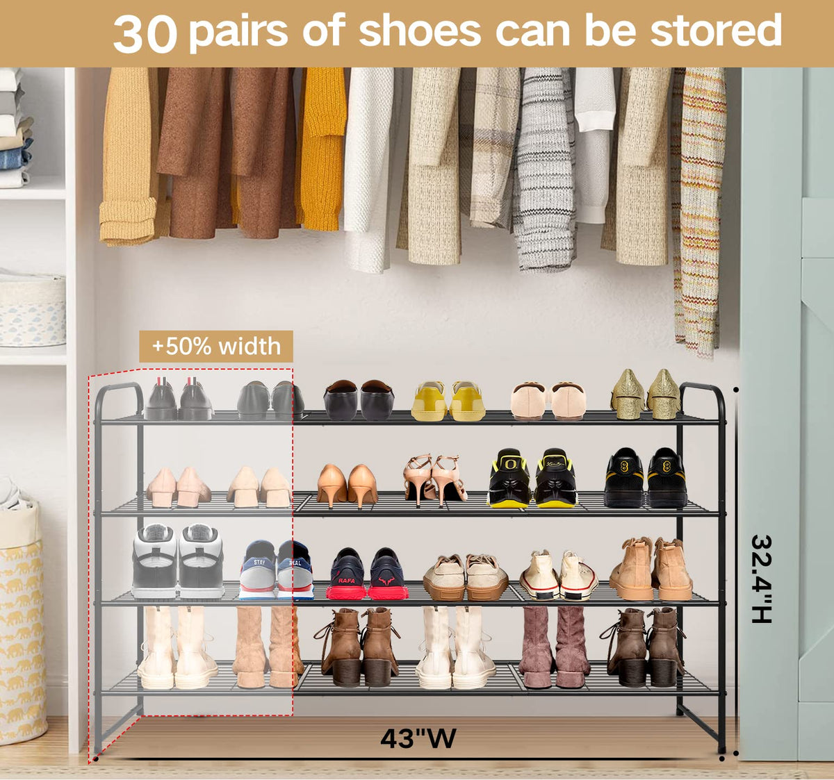 Keetdy 4 tier long shoe rack side view with sturdy metal frame