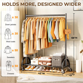 KEETDY wide garment rack holds 50+ garments plus shoes or boxes