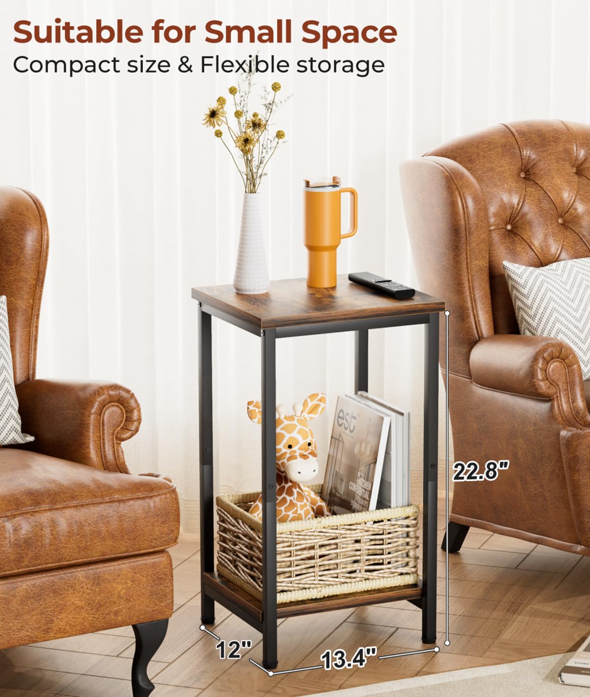 KEETDY end table with two-tier storage ideal for books, remotes, and decor.