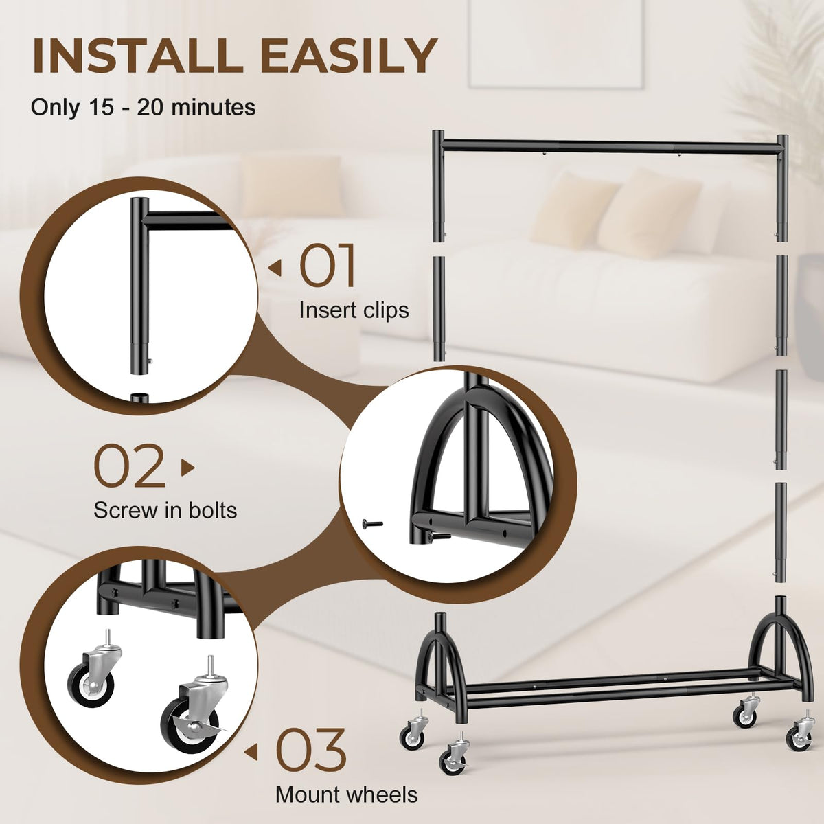 KEETDY freestanding rack suits living rooms, laundry areas, and tight corners