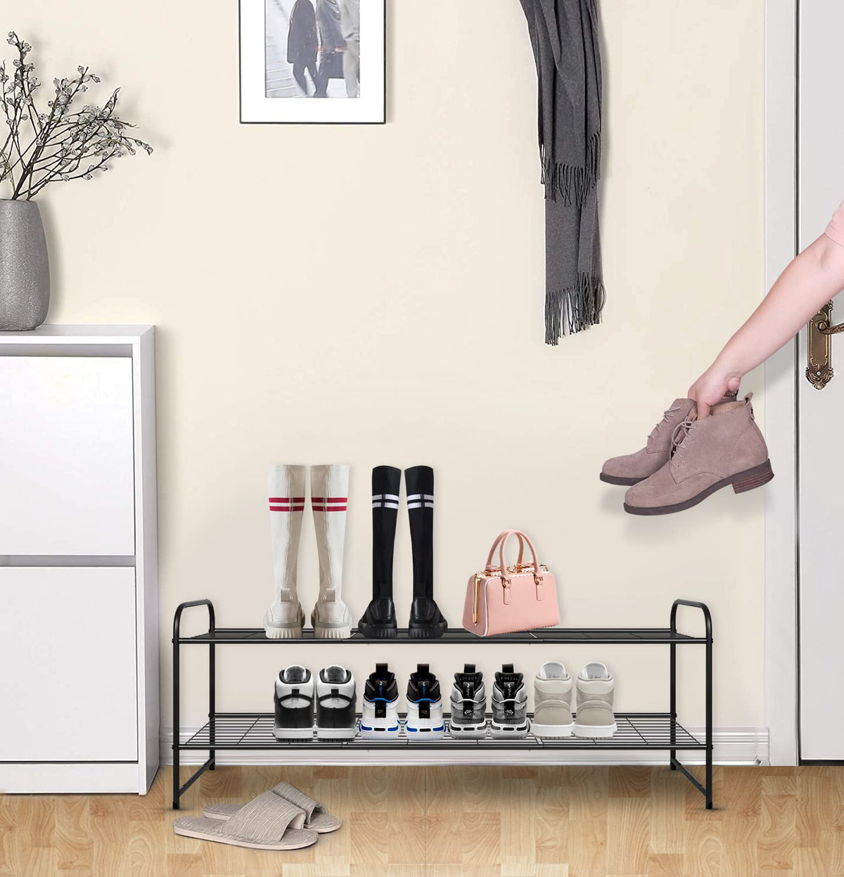 Large capacity holds flats to boots with room for daily wear