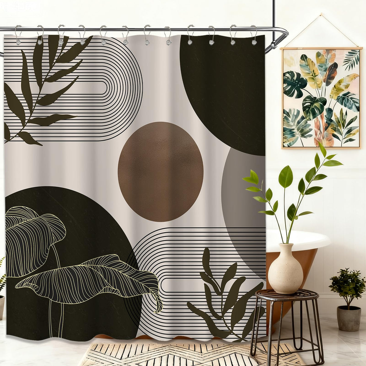 Keeuy brown beige shower curtain with waterproof fabric for splash control.