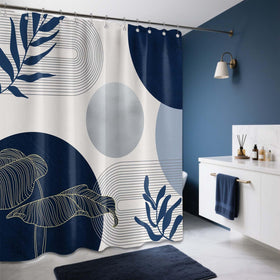 Keeuy mid-century modern shower curtain decor details in bold navy and white.