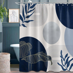Keeuy navy blue and white shower curtain close-up texture for waterproof durability.