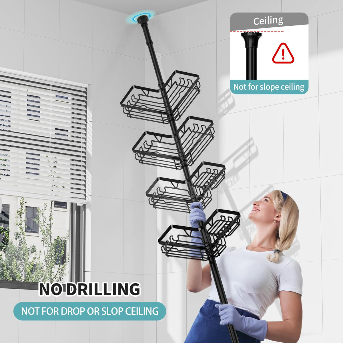 KEGII adjustable shelves accommodate tall bottles and wide body washes in the shower.