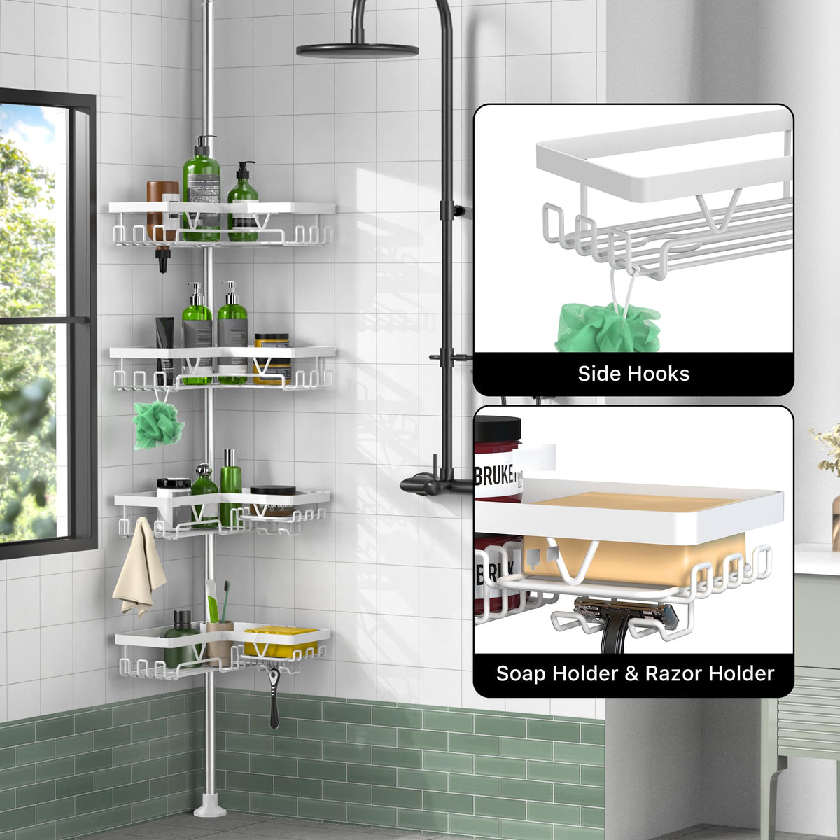 KEGII adjustable shelves shower caddy adapt to tall bottles for flexibility.